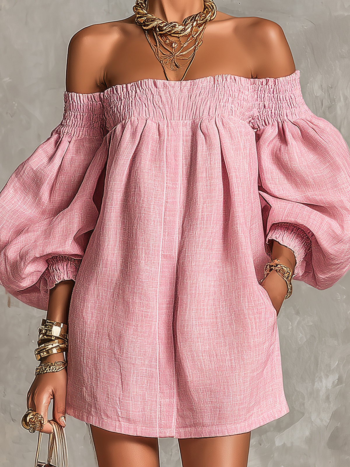Violette | Abito Mini Rosa Off-Shoulder con Maniche a Lanterna