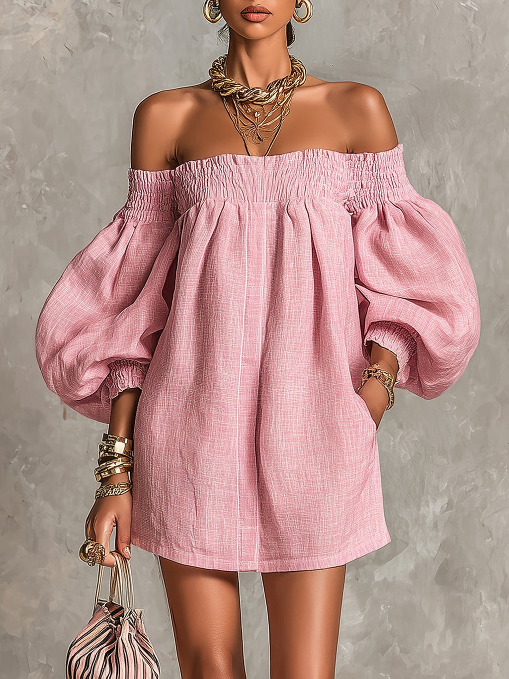Violette | Abito Mini Rosa Off-Shoulder con Maniche a Lanterna