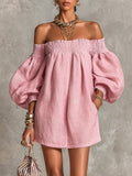Violette | Abito Mini Rosa Off-Shoulder con Maniche a Lanterna