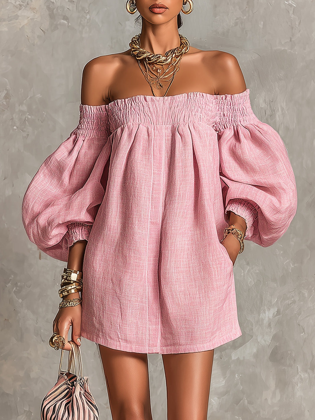 Violette | Abito Mini Rosa Off-Shoulder con Maniche a Lanterna