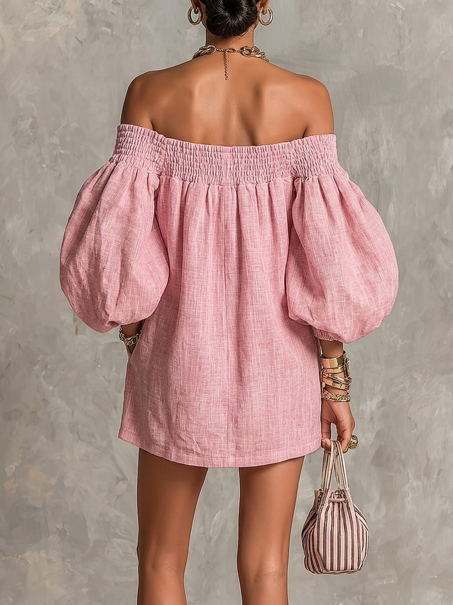 Violette | Abito Mini Rosa Off-Shoulder con Maniche a Lanterna
