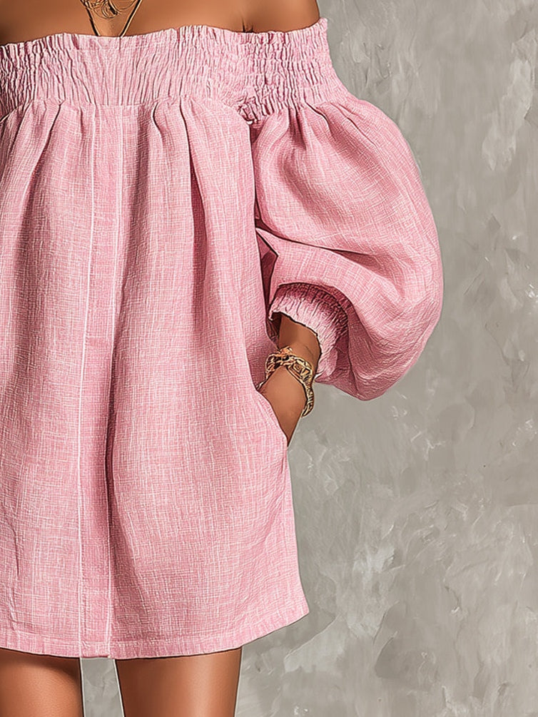 Violette | Abito Mini Rosa Off-Shoulder con Maniche a Lanterna