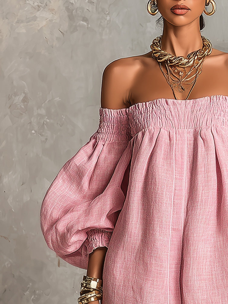 Violette | Abito Mini Rosa Off-Shoulder con Maniche a Lanterna